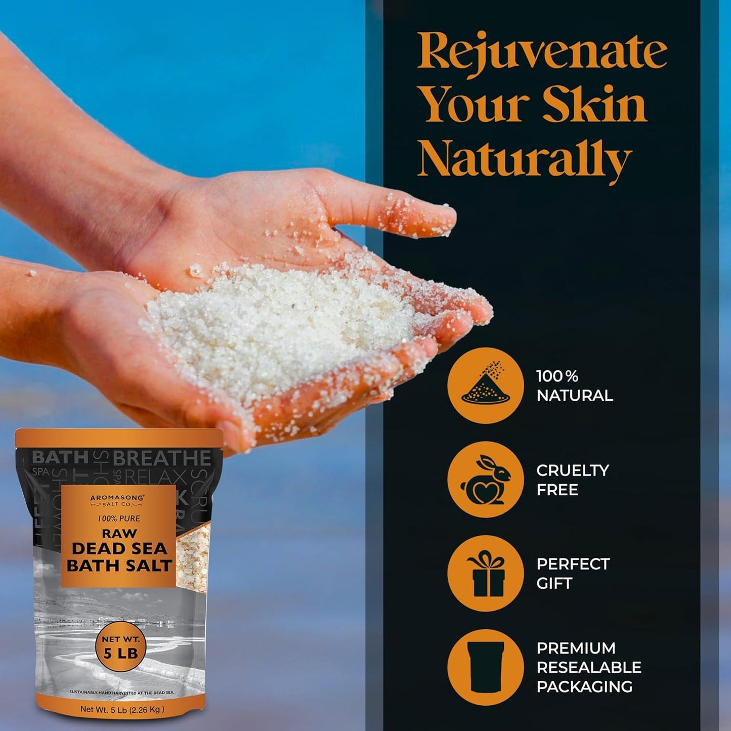 5 Lbs Raw Dead Sea Salt - Contains All Dead Sea Minerals Including Dead Sea Mud - Fine Medium Grain Bath Salt Large Resealable Bulk Pack (Packaging May Vary)