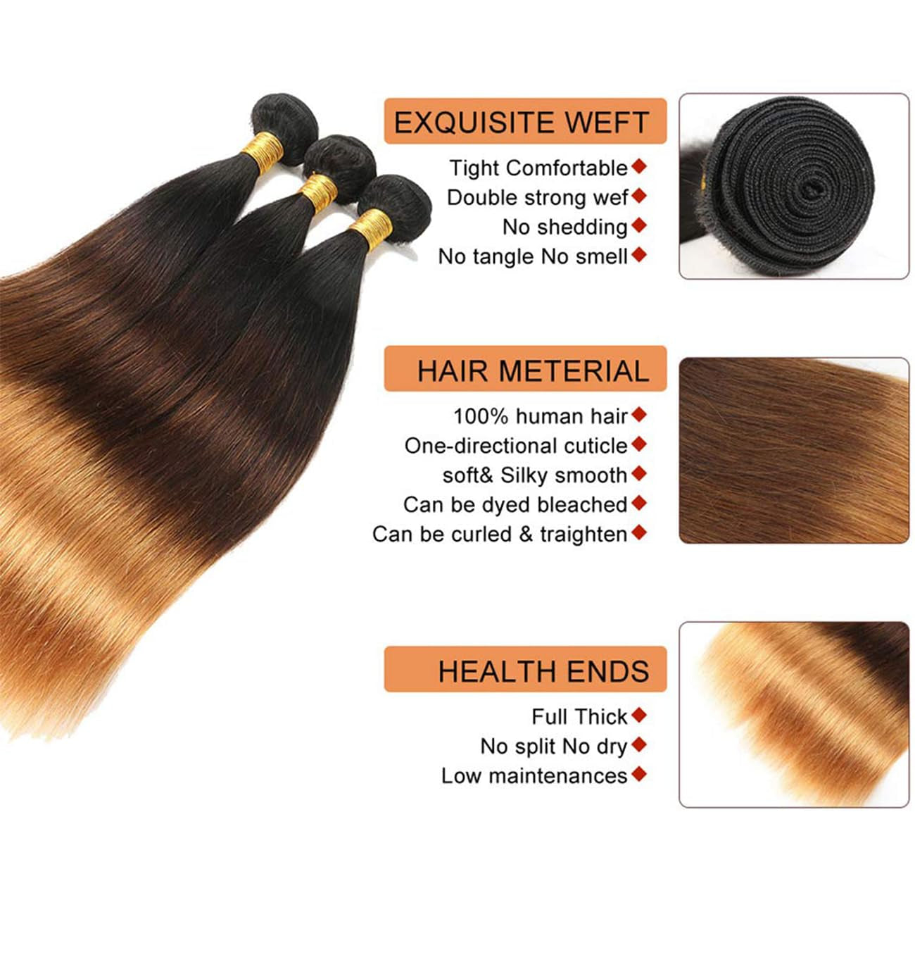 1B427 Human Hair Bundles Straight Brazilian Remy Hair Bundles Three Tone Hair Weave Double Weft Extensions for Women Ombre 1B/4/27 3 Bundles 24 26 28 Inch