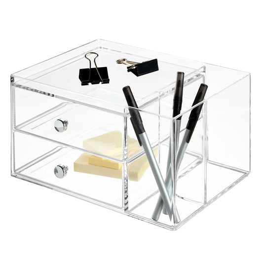 Clarity Cosmetic Organizer for Vanity Cabinet to Hold Makeup, Beauty Products, 2 Drawer with Side Caddy, Clear