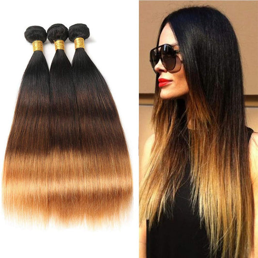 1B427 Human Hair Bundles Straight Brazilian Remy Hair Bundles Three Tone Hair Weave Double Weft Extensions for Women Ombre 1B/4/27 3 Bundles 24 26 28 Inch