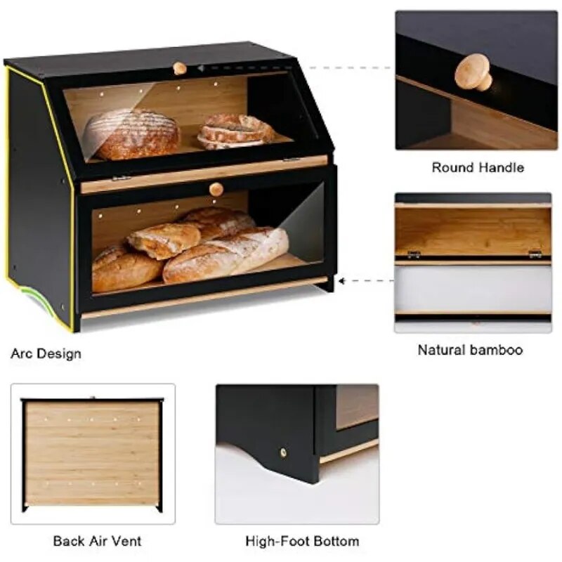 Double Layer Large Bread Box for Kitchen Counter, Wooden Large Capacity Bread Storage Bin (Black)