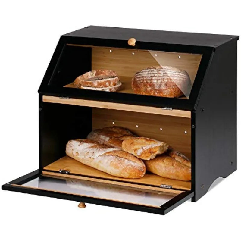Double Layer Large Bread Box for Kitchen Counter, Wooden Large Capacity Bread Storage Bin (Black)