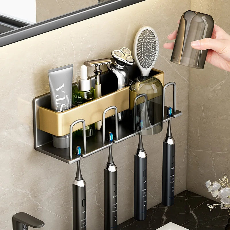 Wall Mounted Toothbrush Holder Aluminium Alloy Toothpaste Rack Bathroom Household Space Saving No Punching Bathroom Accessories