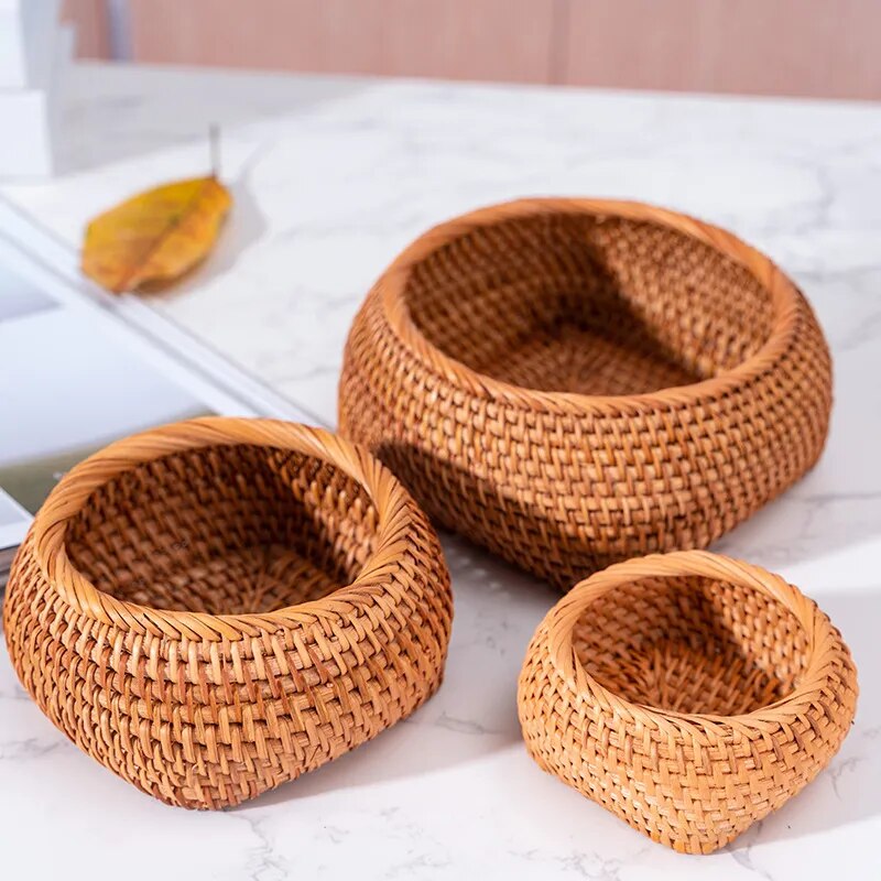 Handwoven Round Rattan Wicker Basket for Fruit, Tea, Snacks, or Bread