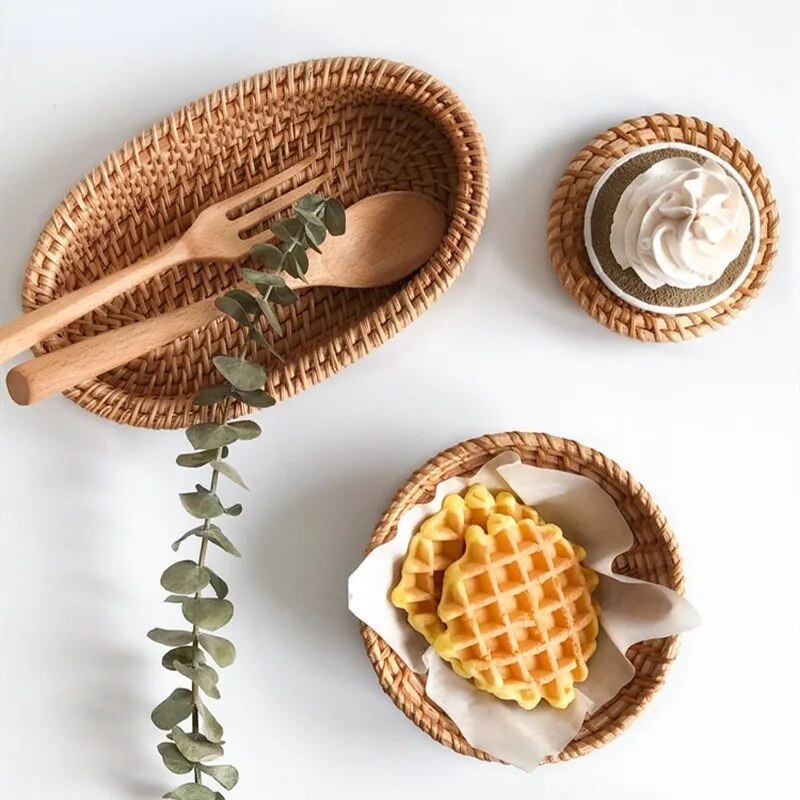 Handwoven Round Rattan Wicker Basket for Fruit, Tea, Snacks, or Bread